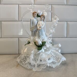 Vintage Hand Blown Glass heart And‎ Bells Bride And Groom Porcelain Cake Topper